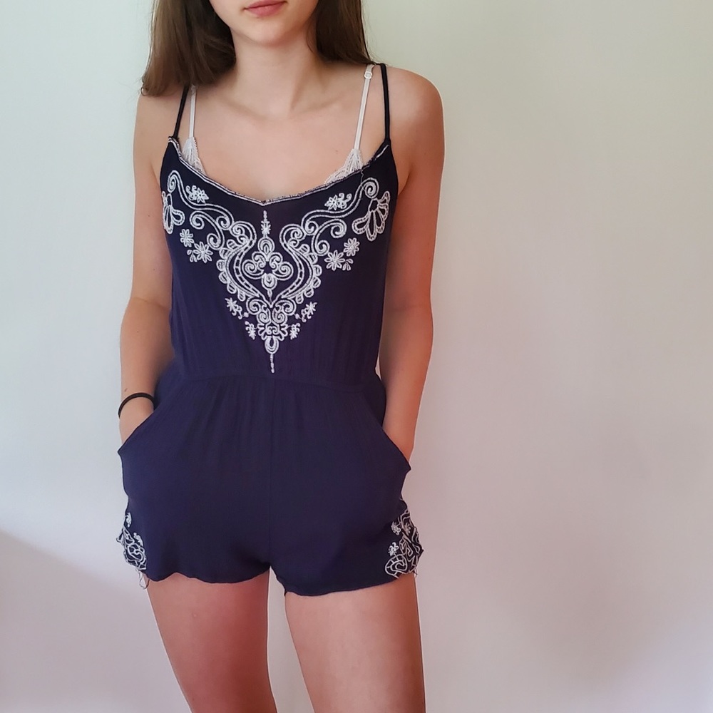 navy and white lace romper